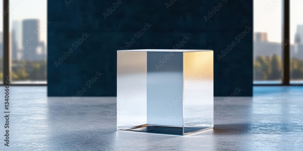 Poster a clear glass cube sits on a polished floor, reflecting light and casting shadows against a backdrop