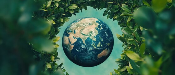 Earth seen through green leaves, symbolizing nature conservation, sustainability, Earth Day celebration, global awareness, healthy planet, eco-friendly future.