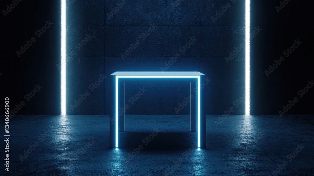 Poster a glowing table illuminated by neon lights against a dark background, creating a modern and futurist