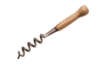 A vintage corkscrew with a wooden handle and a spiral metal shaft, designed for opening bottles, Transparent Background.