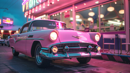 A stunning vintage 60s car parked in front of a classic diner, glowing under soft lights. Chrome details and pastel hues create a dreamy, nostalgic retro vibe