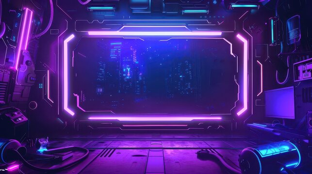 Game stream frames. Glow theme for live conference of gaming streamers, hud frame twitch streaming media gamer broadcast webcam box video screen, garish vector illustration of game screen futuristic