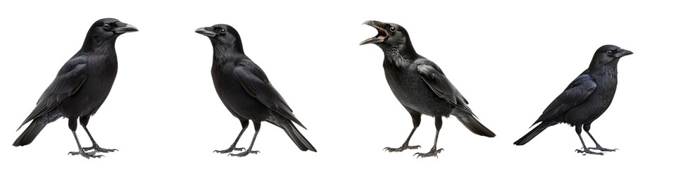 Obraz premium Four black crows or ravens perched together on a plain white background showcasing their distinctive feathers beaks and profiles