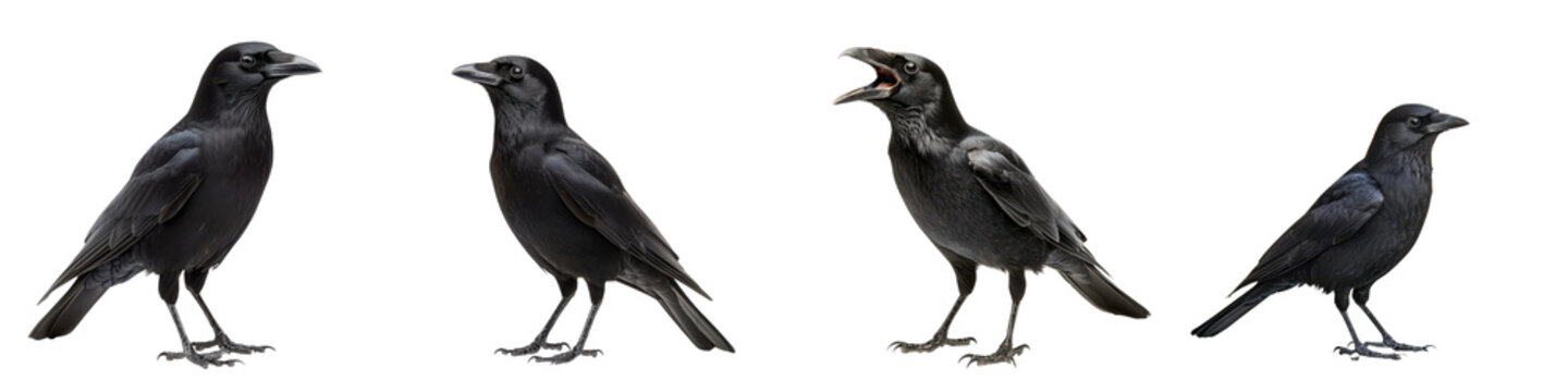 Four black crows or ravens perched together on a plain white background showcasing their distinctive feathers beaks and profiles