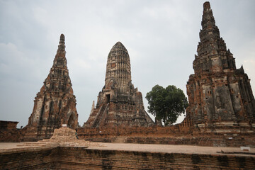 Fototapeta premium wat chai wattanarama ayutthaya a large group of buildings with a tree in the middle. The buildings are old and have a lot of detail, giving the impression of a historical site