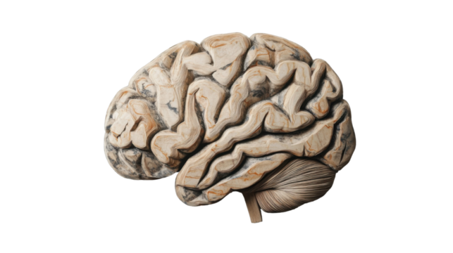 Wooden brain showing intelligence, creativity, and innovation on transparent background