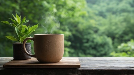 Wooden table with a brown ceramic mug on it. the mug has a handle and appears to be empty. next to the mug, there is a small potted plant with green leaves.