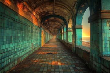 Obraz premium Old renovated walkway by the beach with dilapidated walls and stunning sunset in the background