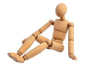 A wooden mannequin figure sitting in a relaxed pose, showcasing its articulated joints and natural wood finish, Transparent Background.