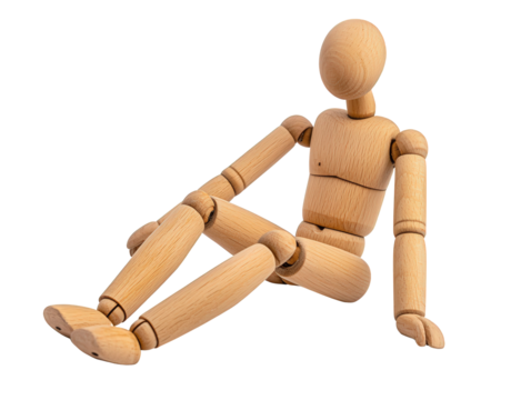 A wooden mannequin figure sitting in a relaxed pose, showcasing its articulated joints and natural wood finish, Transparent Background. - Powered by Adobe