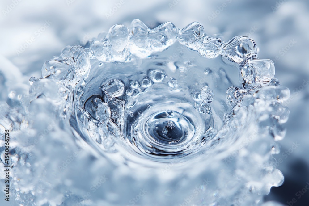 Poster swirling water droplet creates intricate patterns of bubbles and ripples in clear liquid during an a