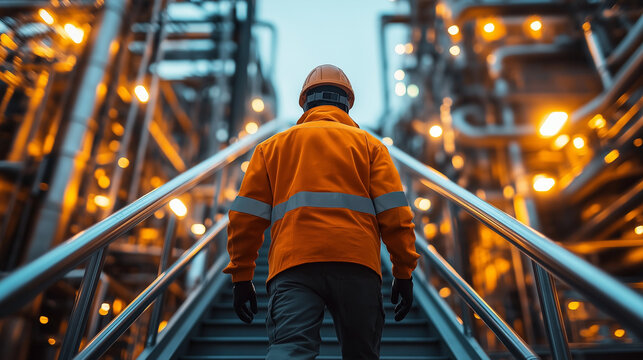Oil worker walking up the stairs in an oil refinery. AI Generated Images