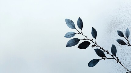 Digital illustration of a branch with six leaves. the leaves are dark blue in color and are arranged in a symmetrical pattern. the branch is thin and has a few small buds attached to it.
