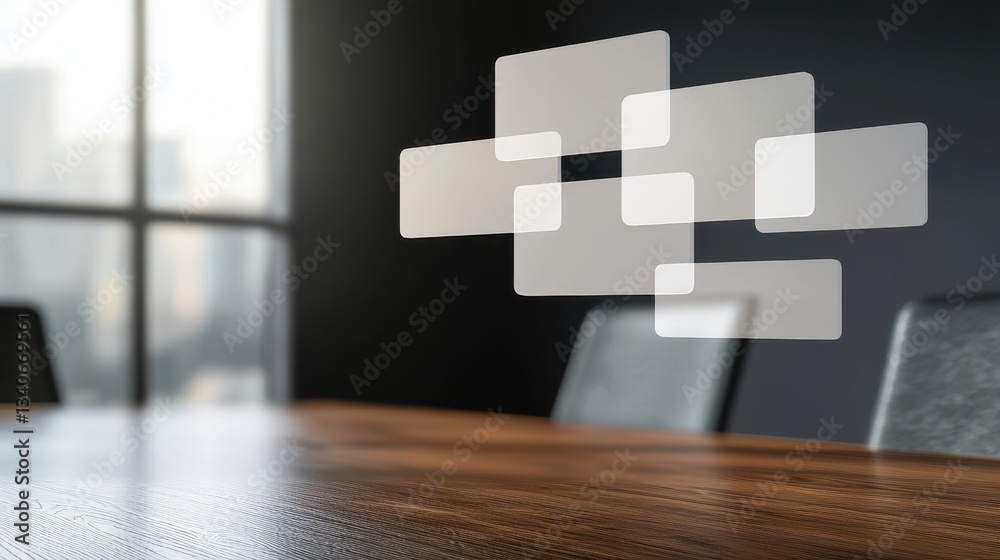 Poster A modern workspace featuring a wooden table and abstract floating shapes, enhancing the professional ambiance.