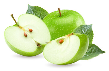 green apple with half of apple and green leaves isolated on white background. clipping path