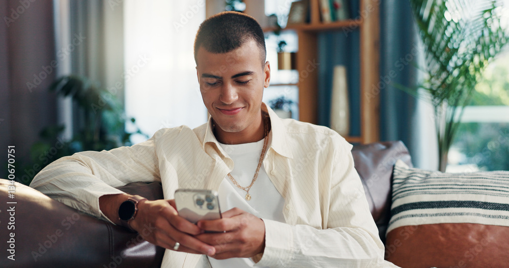 Poster home, sofa and man with smartphone for chat, online communication and text on dating website. house,