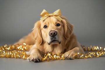 Golden retriever with a golden bow relaxing among shiny ribbons indoors