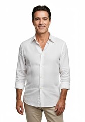 Fototapeta premium Confident man in white button-up shirt with a smile, ideal for professional or lifestyle contexts.