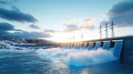 Stunning Sunset Over Tranquil Hydroelectric Dam with Cascading Water and Power Lines