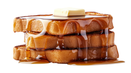 Deliciously stacked golden french toast drizzled with maple syrup and topped with butter