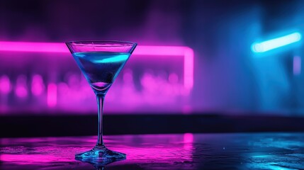 Close-up of a martini glass on a bar counter. the glass is filled with a blue liquid, which appears to be a cocktail or a similar type of drink.