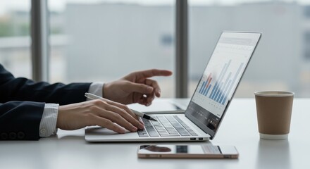 Professional hands working on a laptop analyzing business growth using statistical graphs. Optimize business strategy with real-time data analysis in a clean office environment.