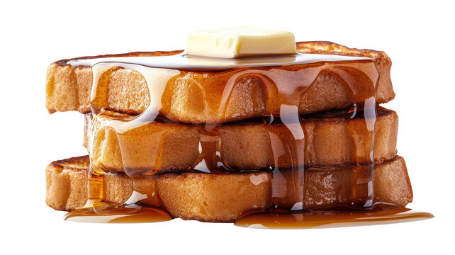 Deliciously stacked golden french toast drizzled with maple syrup and topped with butter