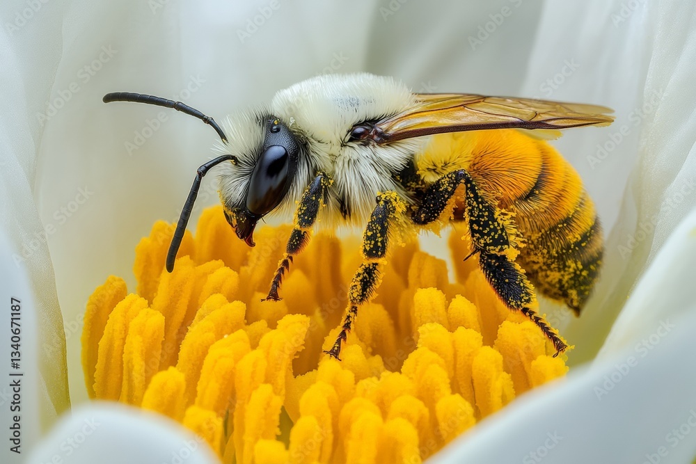 Poster close-up view of a bee pollinating a yellow flower in a garden during springtime