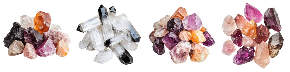 Fototapeta premium An assortment of various natural crystal and mineral formations including quartz geodes and other gemstones in a variety of colors and textures