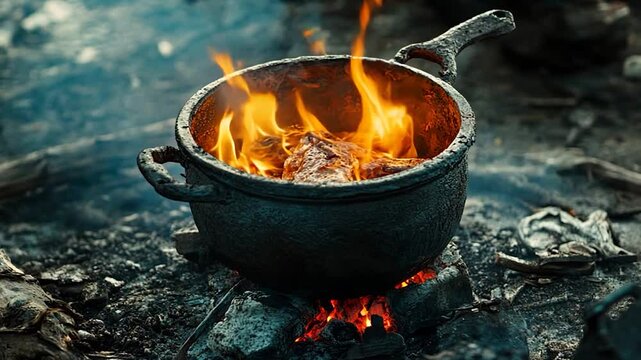 Outdoor Cooking Pot on Campfire