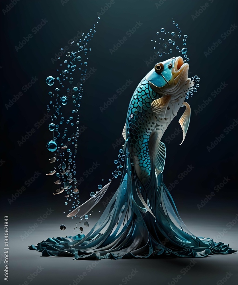 Poster a stylized fish with flowing fins and a blue gradient pattern swims amidst bubbles