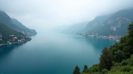 Obraz premium A panoramic view of Lake Garda in Italy at midday, shrouded in fog. The hazy landscape and still waters offer a peaceful and atmospheric scene in this high-quality professional photo.