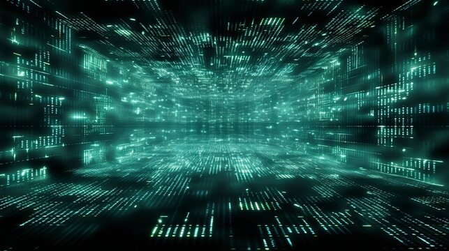 A photo of a binary code flowing on a digital screen.