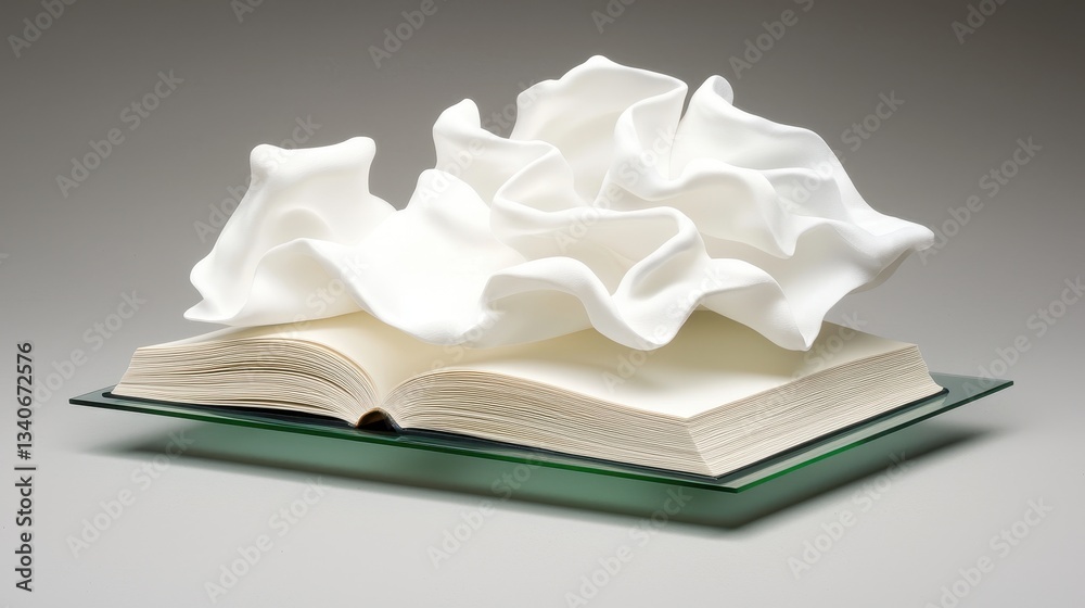 Poster A sculptural representation of an open book topped with flowing white fabric, blending literature and art in a visually striking way.