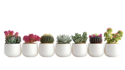 Colorful succulent arrangement in modern white pots on bright background showcasing various species