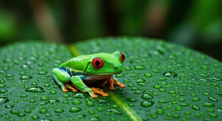 Obraz premium Red Eyed Tree Frog Resting on Large Wet Tropical Leaf