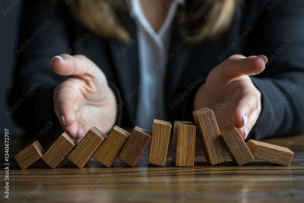 Poster Expert hands prevent wooden blocks from toppling in an office setting during a strategy meeting