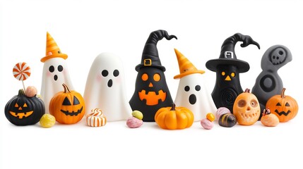 Obraz premium Playful Halloween clipart cartoon ghosts witches hats and candy treats for fun festive designs