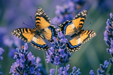 Obraz premium Colorful butterflies enjoying lavender blooms in a serene garden setting on a sunny day