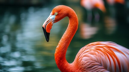 Obraz premium Flamingo displays vibrant plumage while foraging in shallow waters at a serene wetland during golden hour