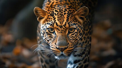 Obraz premium Leopard walks through forest floor covered in fallen leaves during golden hour light at wildlife sanctuary