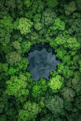Aerial view of lush green forest canopy surrounding tranquil pond, nature conservation, Earth Day celebration, biodiversity, eco-friendly landscape photography.