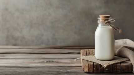 Glass bottle of milk on a wooden table. the bottle is made of glass and has a cork stopper on top. it is tied with a twine and is placed on a piece of burlap cloth.