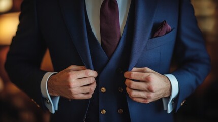 Elegant man adjusting his blue suit jacket in a sophisticated indoor setting during a formal event