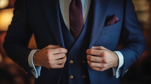 Elegant man adjusting his blue suit jacket in a sophisticated indoor setting during a formal event