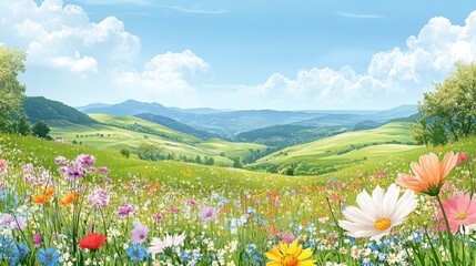 Obraz premium A serene spring landscape with a wide open sky, soft rolling hills, and bright wildflowers along the foreground, leaving ample space for text