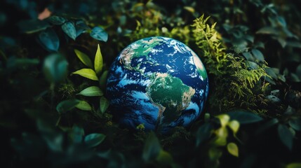 Earth globe surrounded by lush greenery, symbolizing nature conservation, sustainability, Earth Day celebration, environmental awareness, and harmony with nature.