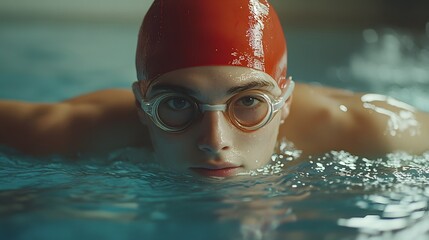 Swimmer with red cap and goggles emerges from water