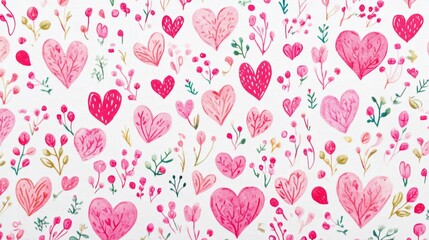 A vibrant pattern of pink hearts and flowers on a white background.