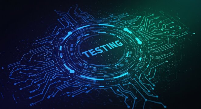 Digital Testing: An abstract representation of digital testing, with a glowing circuit board and the word "TESTING" at its core.